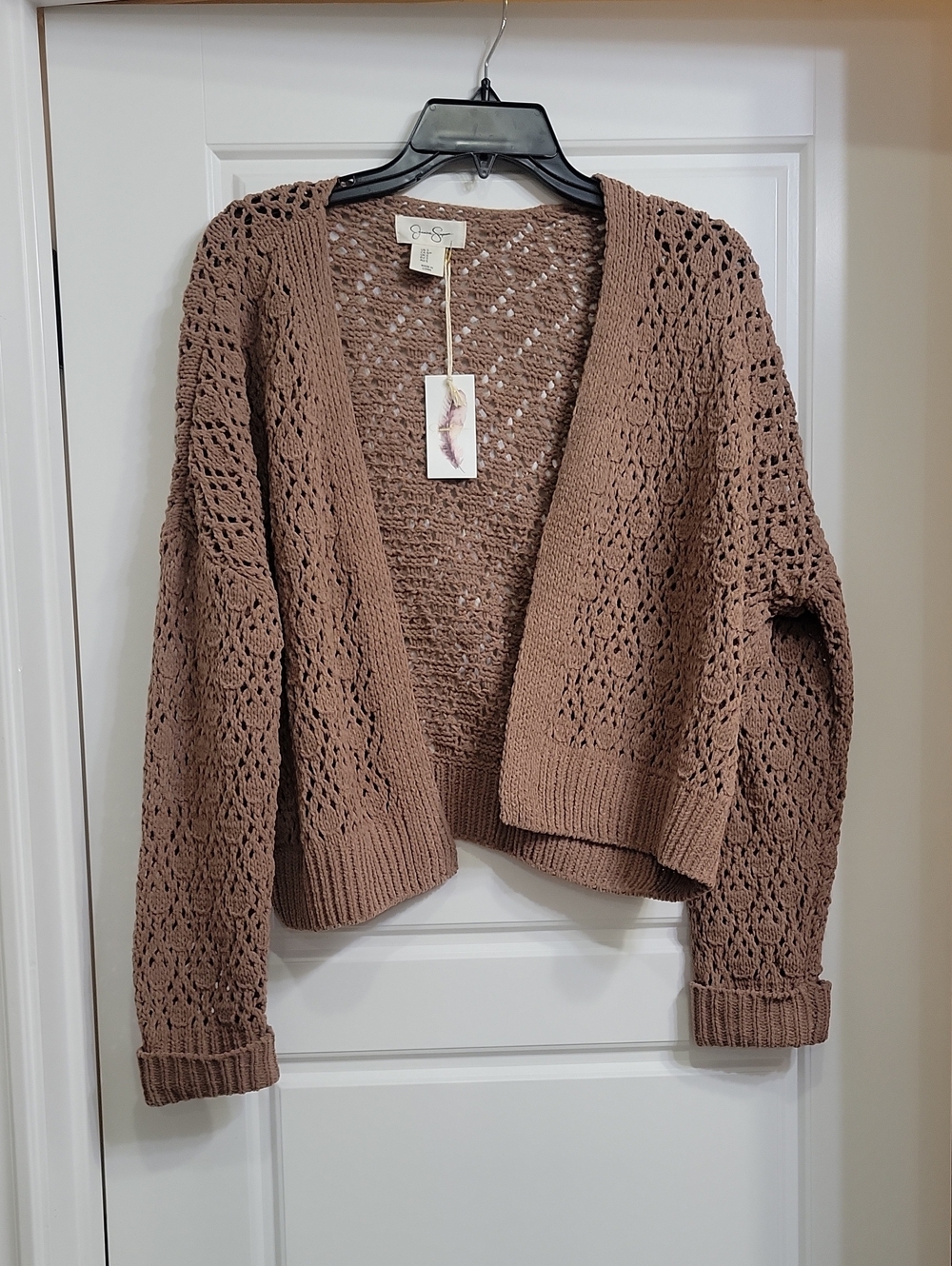 Jessica Simpson Open-Knit Cropped Cardigan in Taupe